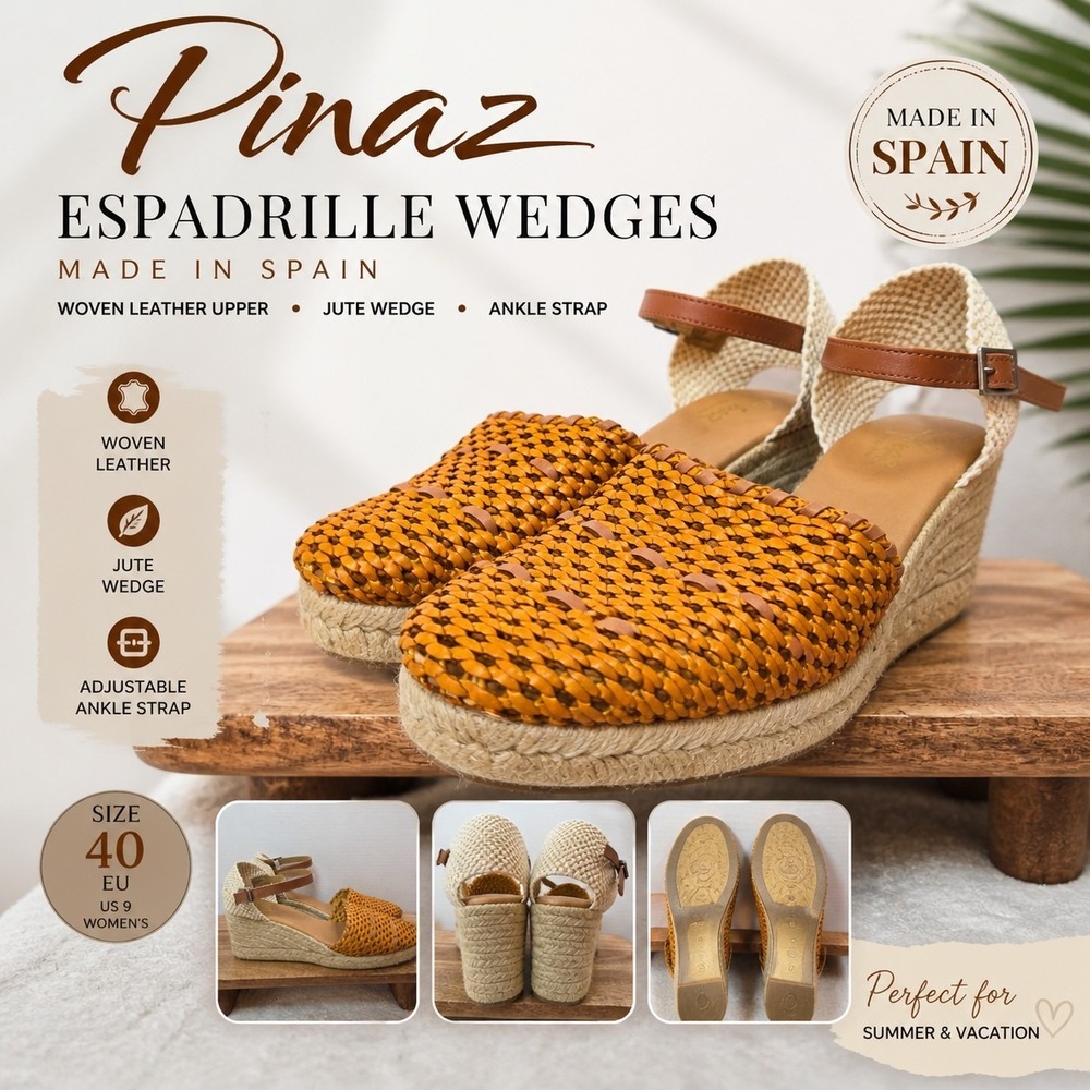 Pinaz Espadrille Wedges Women EU 40 US 9 Tan Woven Leather Jute Ankle Strap...